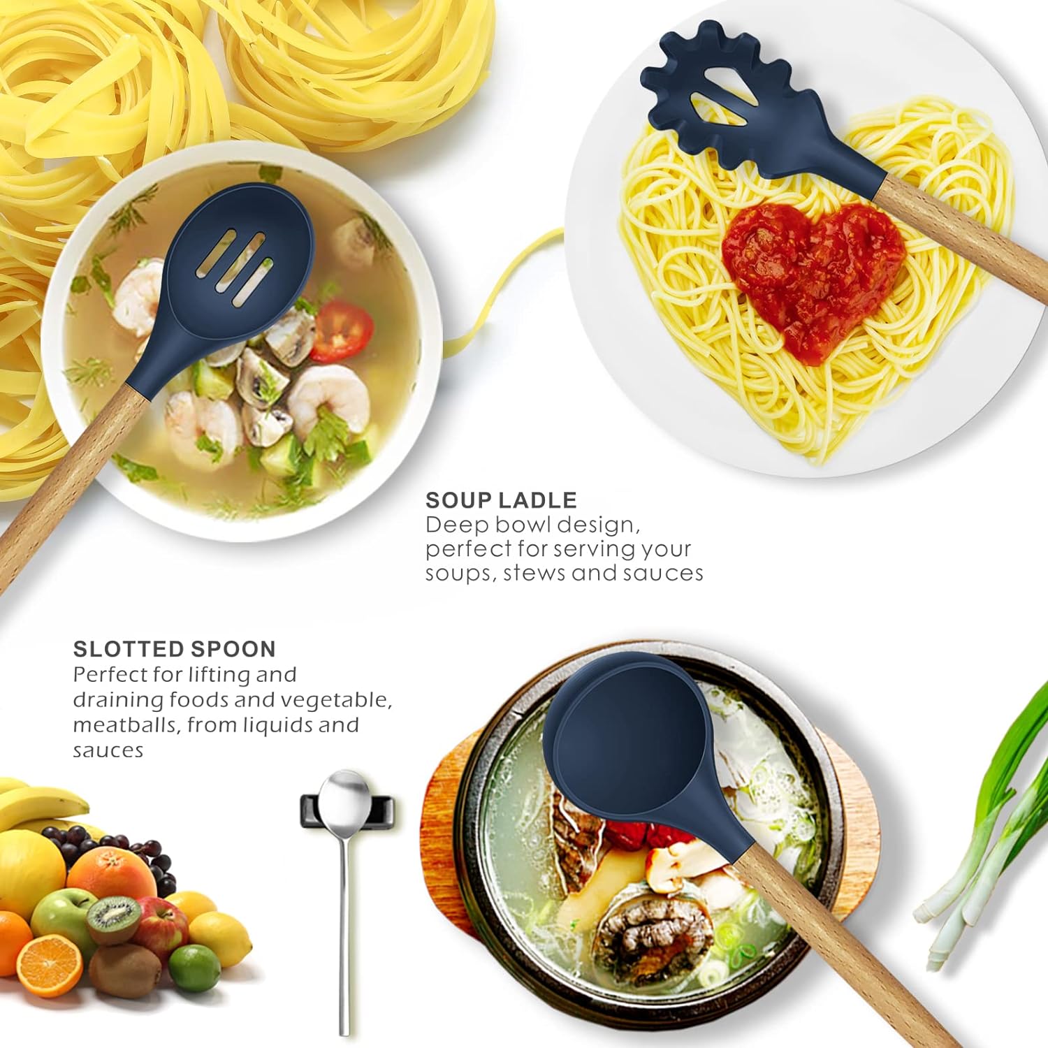 12 Pcs Silicone Cooking Utensils Kitchen Utensil Set | Heat Resistant Kitchen Non toxic Spatula Set with Turner Tongs,Spoon,Brush,Whisk-Wooden Handle - Random Color - Image 2