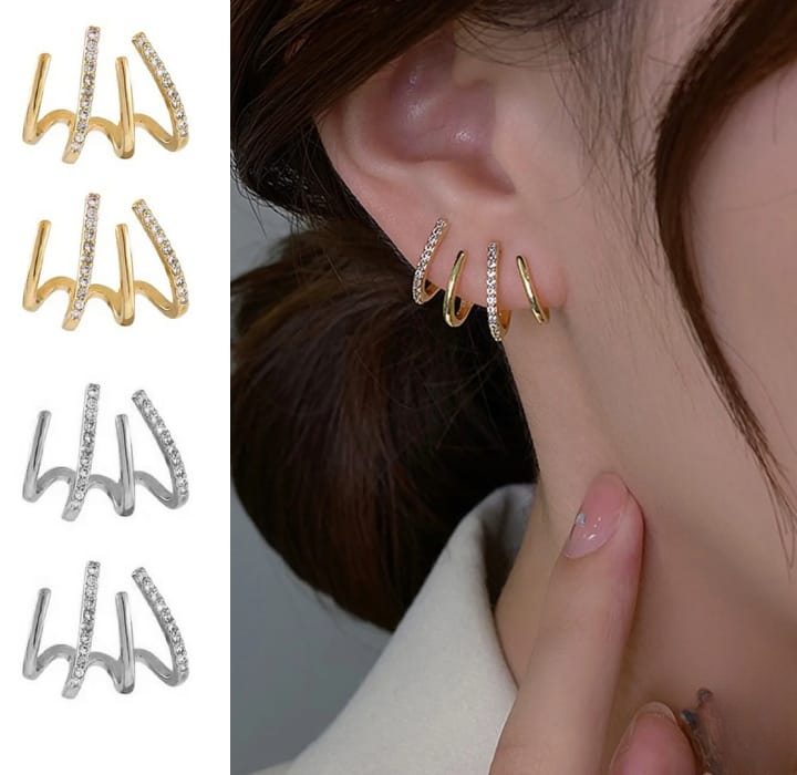 W Shape Zircon Korean Earring Cuff Earrings that Look Like Multiple Piercings for Women - Image 3