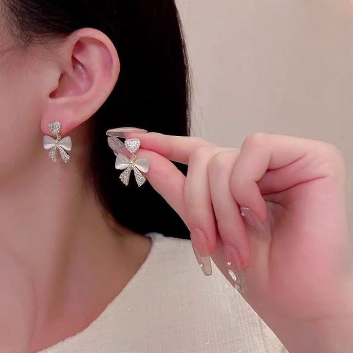 Heart Bow Zircon Korean Stud Earrings for Women Elegant Golden Alloy Earrings Without Box - Image 2