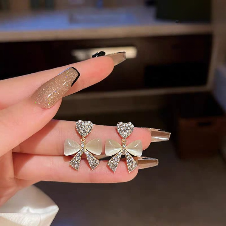 Heart Bow Zircon Korean Stud Earrings for Women Elegant Golden Alloy Earrings Without Box - Image 3