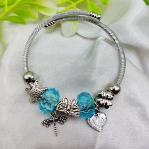 Imported Elegant Pandora-Inspired Silver Charm Bracelet with Ocean Blue Beads & Delicate Charms | Best Quality Bracelet For Girls & Women