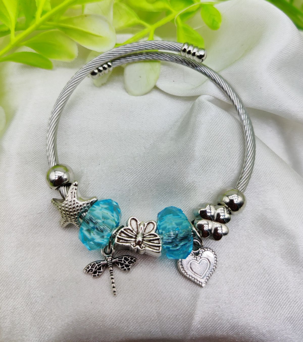 Imported Elegant Pandora-Inspired Silver Charm Bracelet with Ocean Blue Beads & Delicate Charms | Best Quality Bracelet For Girls & Women