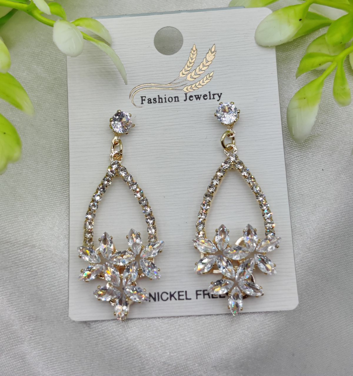 Imported Elegant Crystal Floral Drop Earrings Nickel Free Earrings - Luxurious Gold Finish