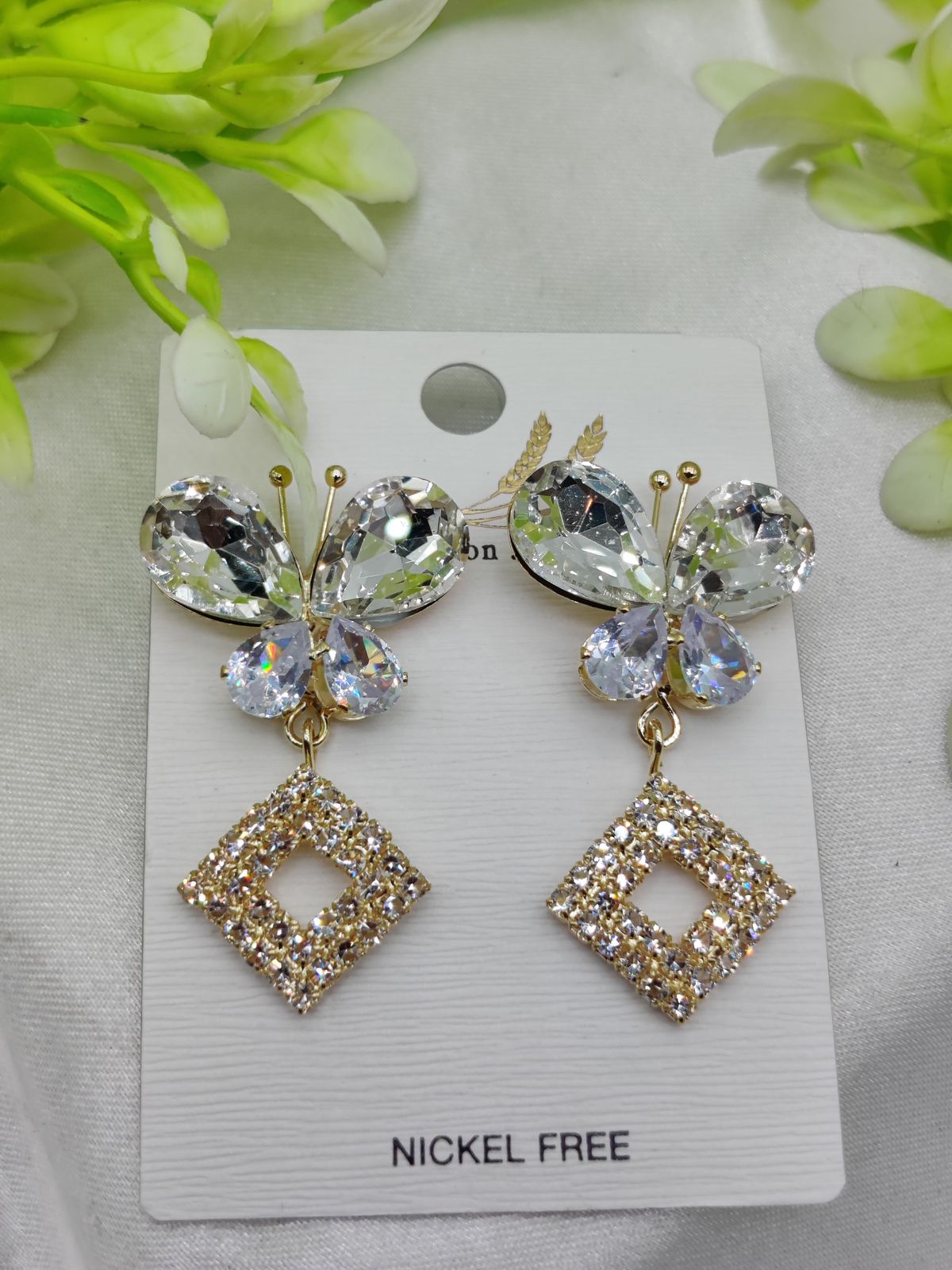 Imported Dazzling Butterfly and Diamond Drop Earrings Nickel-Free Sparkle