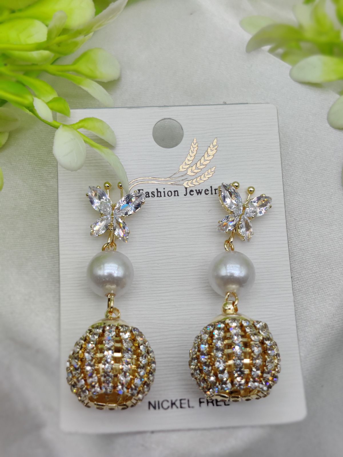 Import Elegant Butterfly Pearl Drop Earrings with Crystal Sphere Charm - Image 2