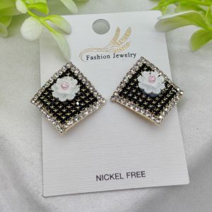 Imported Elegant Floral Stud Earrings with Rhinestone Border  Nickel Free | Girls Earrings | Women Earrings | Jewellery