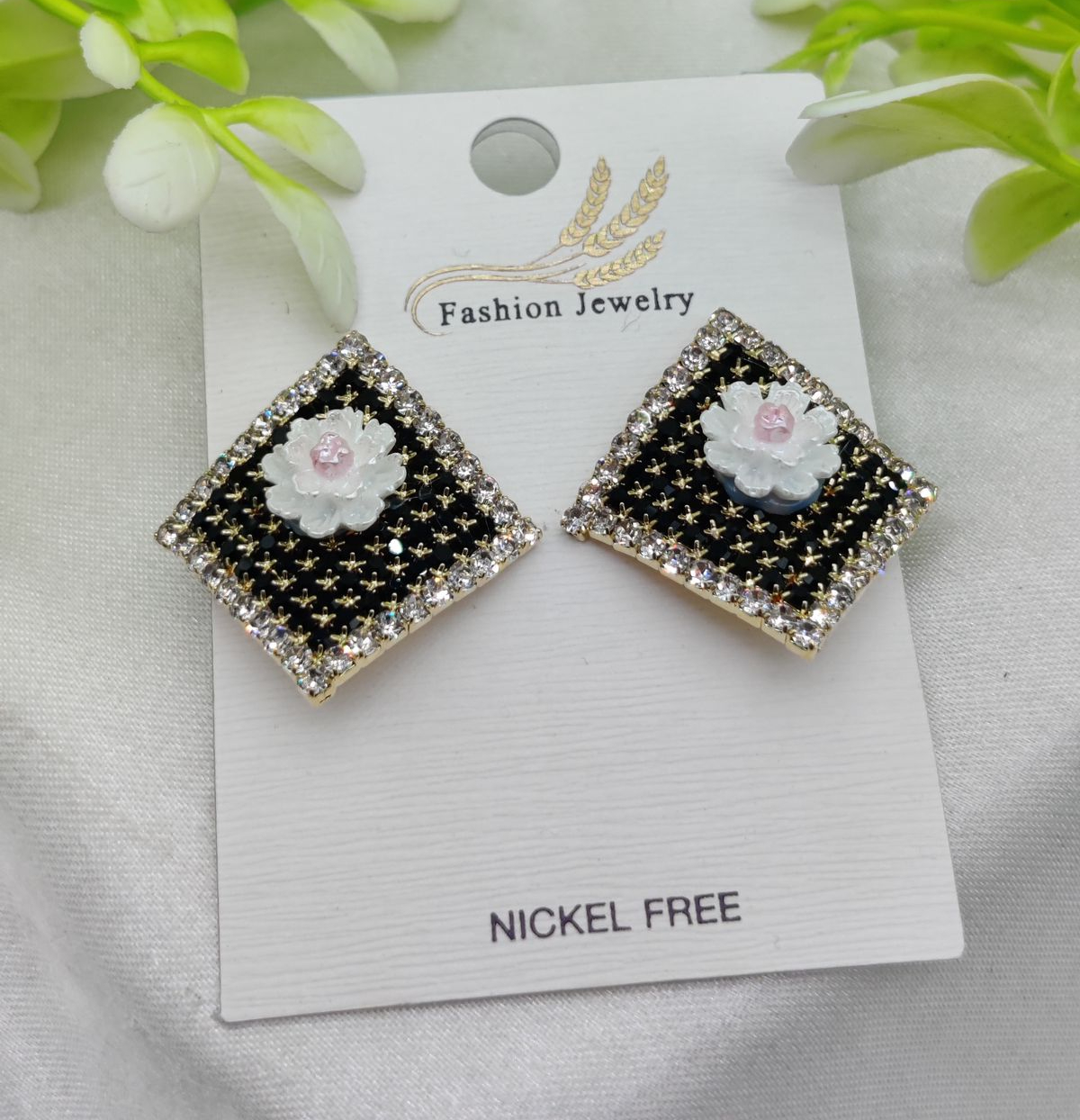 Imported Elegant Floral Stud Earrings with Rhinestone Border Nickel Free | Girls Earrings | Women Earrings | Jewellery