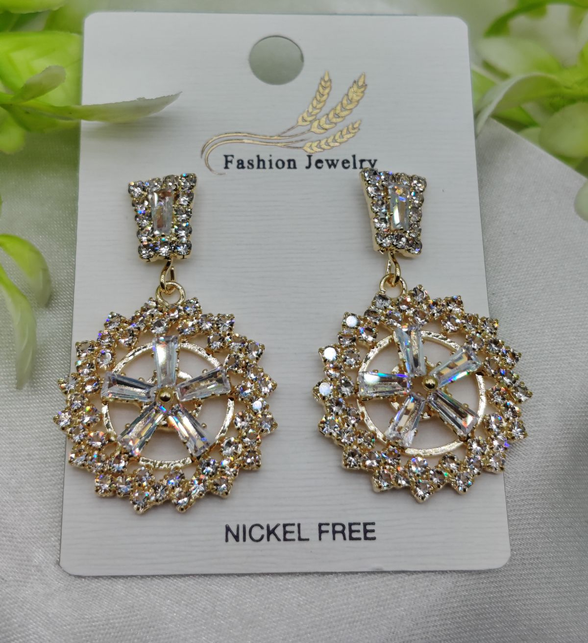 Imported Radiant Baguette Floral Drop Earrings Nickel Free Earrings - Luxurious Gold Finish