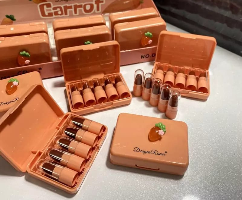 5 Pcs Dragon Ranee Carrot Mini Lipstick Set | Long Lasting Makeup Waterproof Lipstick (Random Color) - Image 2