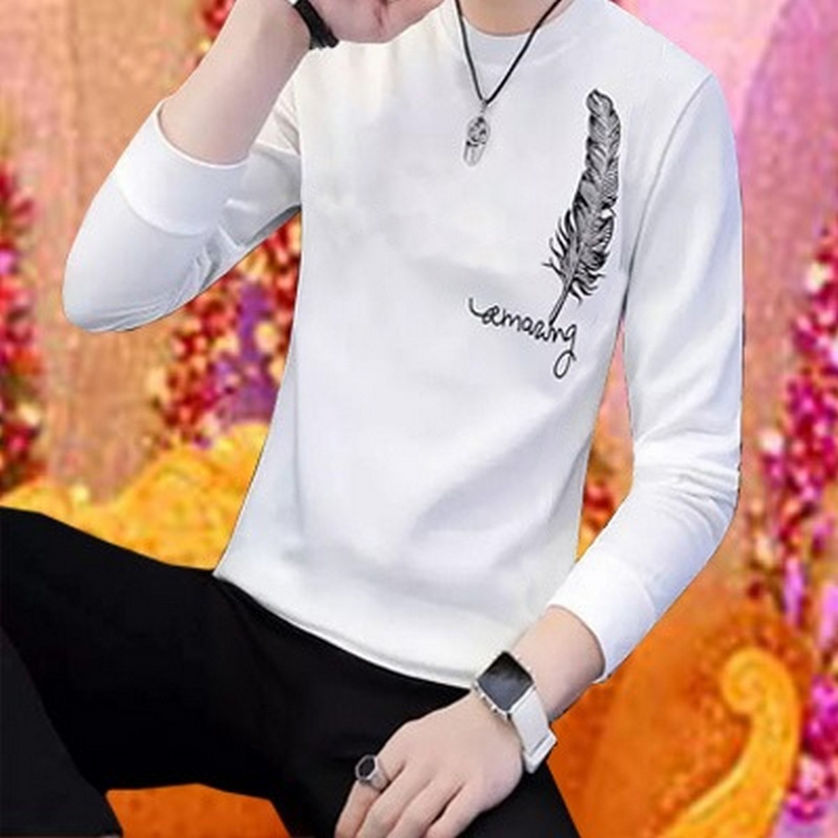 Men's Stylish Leaf Print Full Sleeves T-Shirt - Latest Designer Summer Collection