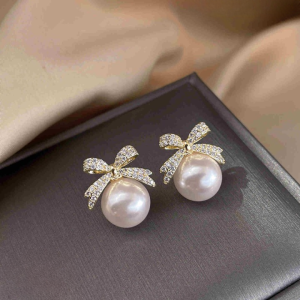 Bow sparkle diamond pearl stud earrings / Pearl Earrings Women's Earrings for Gift