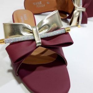 Stylish Maroon Block Heel Slip-On Slippers for Women with Golden Bow and Rhinestone Detailing  Comfortable Daily & Party Wearone perfect pair Stylish | Comfortable | Premium Quality | Slipper | Slipper For Women (With Box)