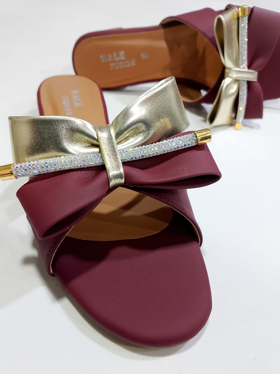 Stylish Maroon Block Heel Slip-On Slippers for Women with Golden Bow and Rhinestone Detailing Comfortable Daily & Party Wearone perfect pair Stylish | Comfortable | Premium Quality | Slipper | Slipper For Women (With Box)