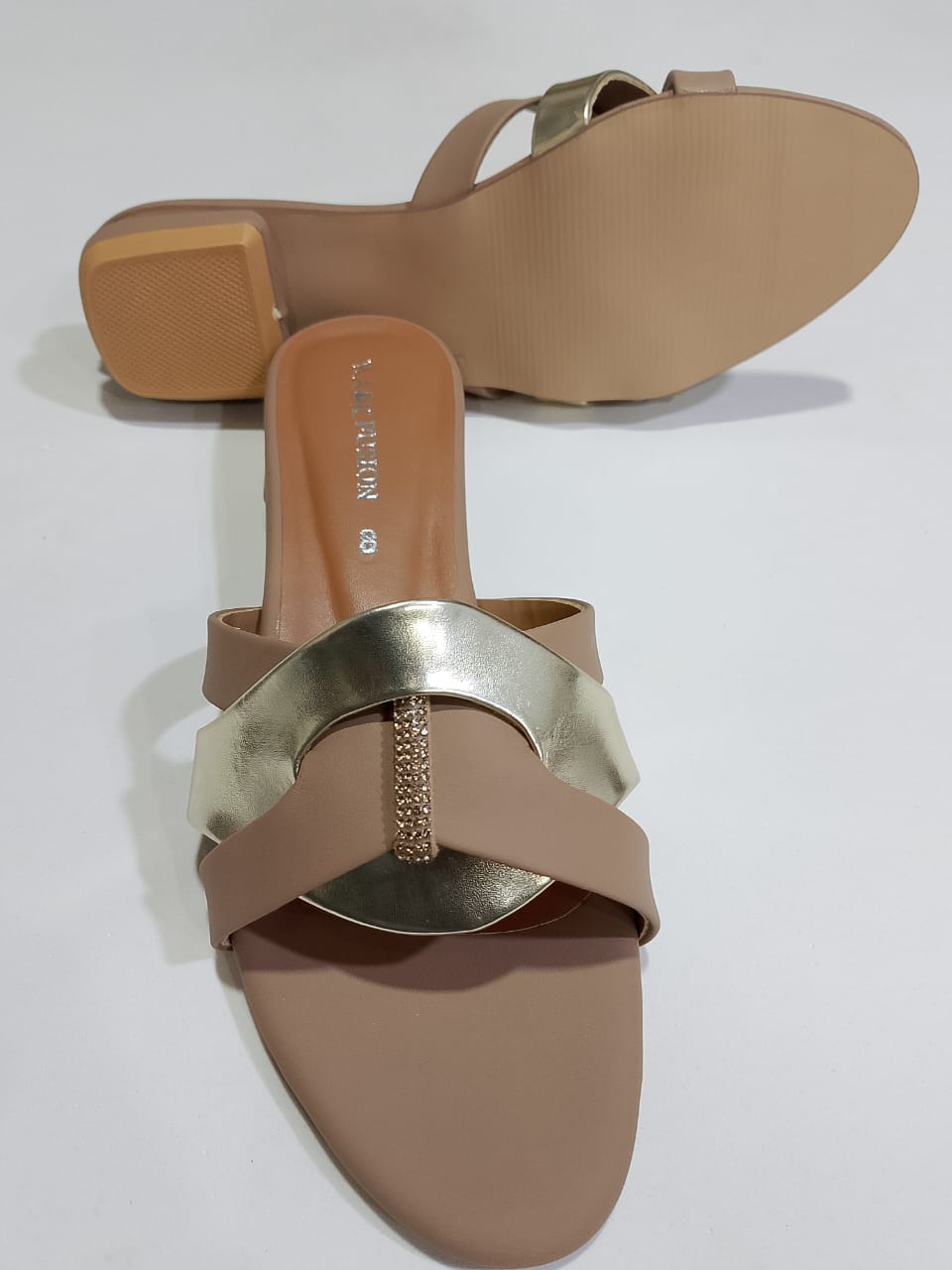 Women's Tan & Gold Embellished Flat Sandals Stylish Slip-On Slides with Luxury Comfort & Chic Gold Accent Shine with every step comfort class in one perfect pair | Slipper | Slipper For Women (With Box) - Image 4