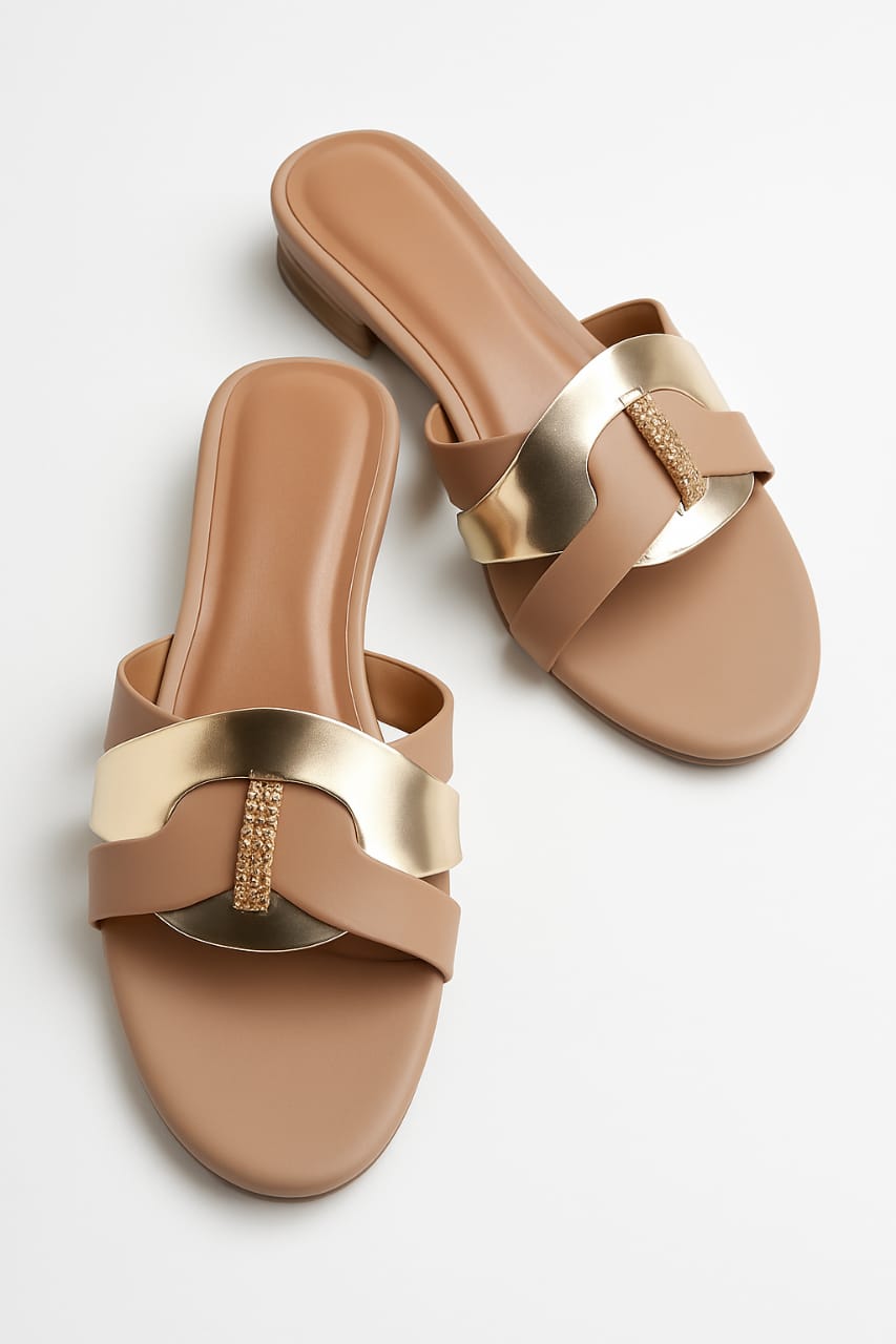 Women's Tan & Gold Embellished Flat Sandals Stylish Slip-On Slides with Luxury Comfort & Chic Gold Accent Shine with every step comfort class in one perfect pair | Slipper | Slipper For Women (With Box)