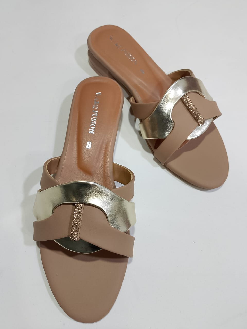 Women's Tan & Gold Embellished Flat Sandals Stylish Slip-On Slides with Luxury Comfort & Chic Gold Accent Shine with every step comfort class in one perfect pair | Slipper | Slipper For Women (With Box) - Image 2