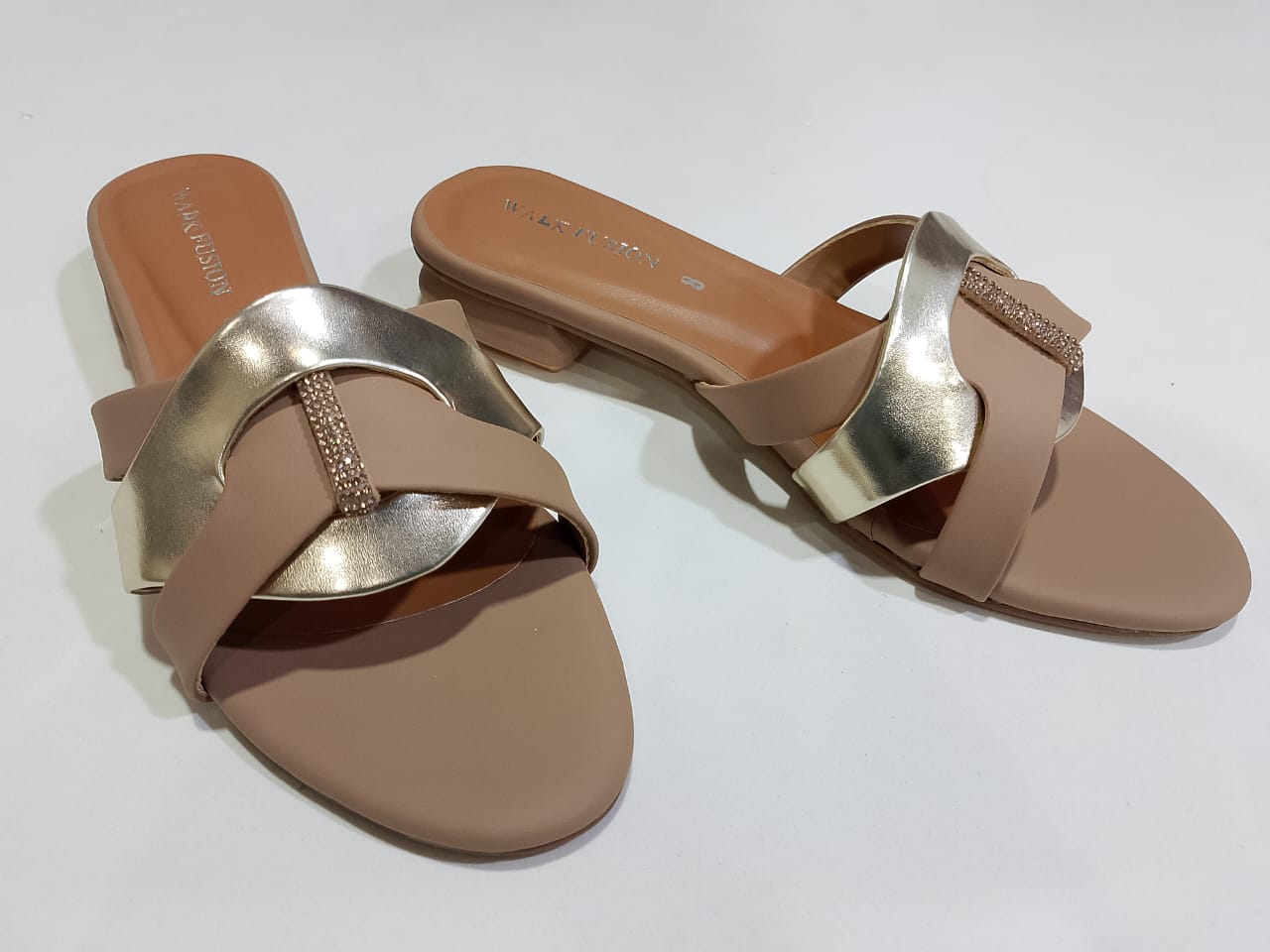 Women's Tan & Gold Embellished Flat Sandals Stylish Slip-On Slides with Luxury Comfort & Chic Gold Accent Shine with every step comfort class in one perfect pair | Slipper | Slipper For Women (With Box) - Image 3