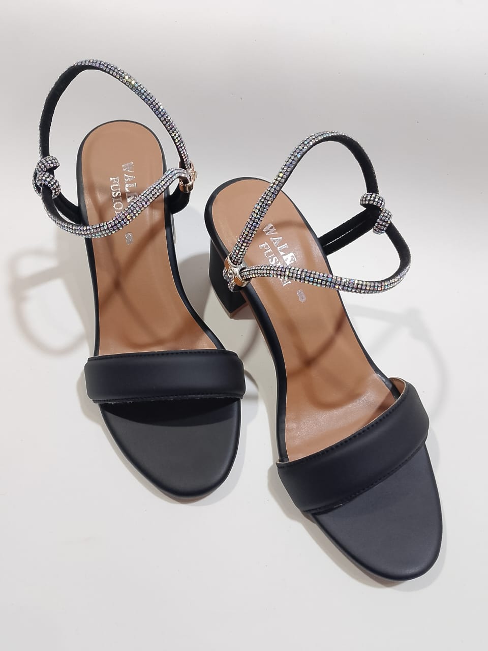 Womens Black Block Heel Sandals with Sparkling Rhinestone Straps | Elegant Party & Casual Footwear - Image 2