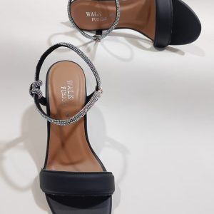 Womens Black Block Heel Sandals with Sparkling Rhinestone Straps | Elegant Party & Casual Footwear