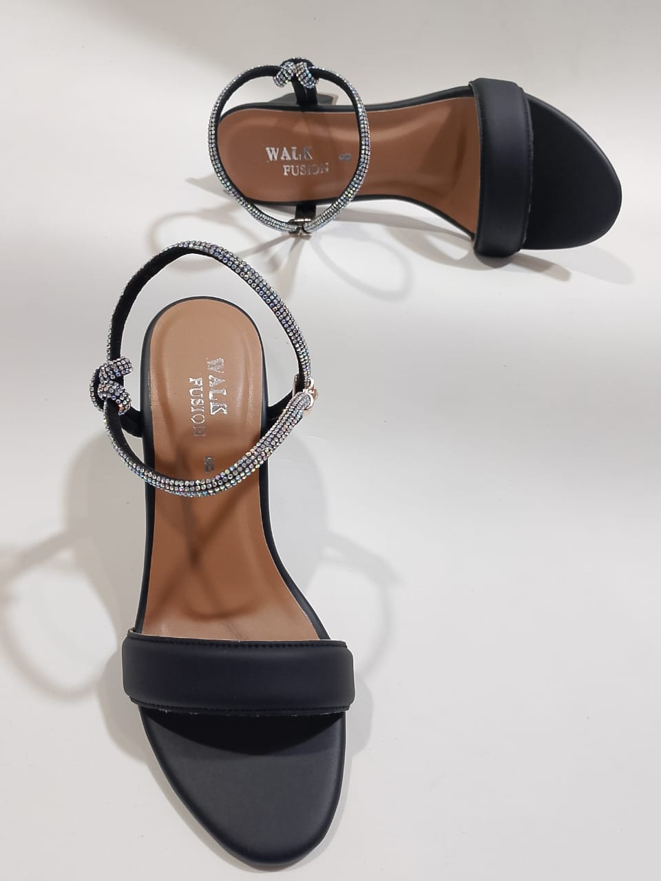Womens Black Block Heel Sandals with Sparkling Rhinestone Straps | Elegant Party & Casual Footwear