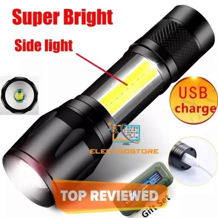 Super Bright USB Rechargeable Plastic Flashlight with Side Light Compact, Durable & Powerful LED Torch - Image 4