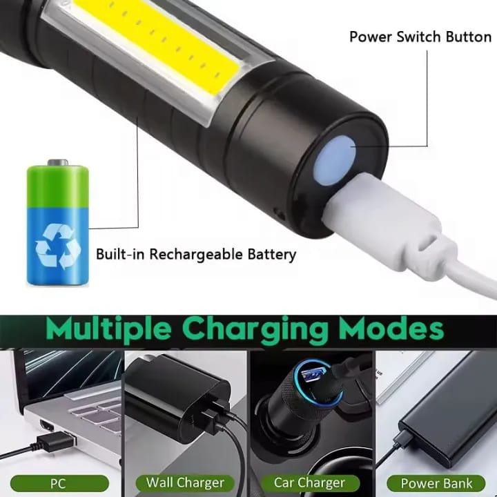 Super Bright USB Rechargeable Plastic Flashlight with Side Light Compact, Durable & Powerful LED Torch - Image 3