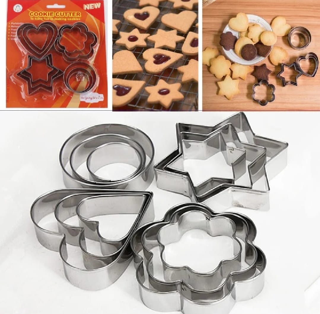 12-Piece Stainless Steel Cookie Cutter Set 4 Assorted Shapes for Baking, Pastry, and Crafts