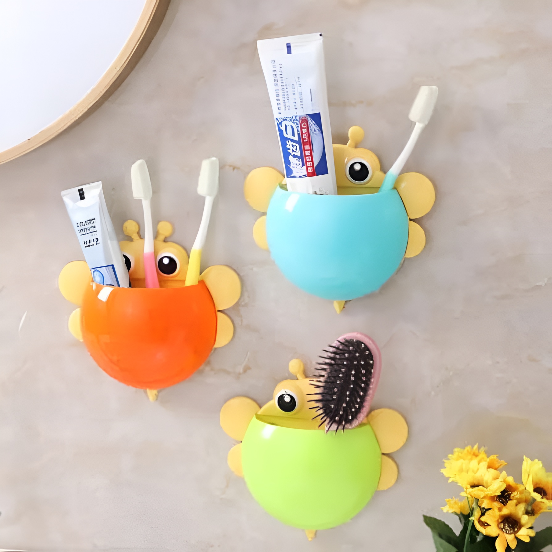 Bee Shaped Plastic Toothbrush Holder with Suction Hook Cute Wall Mounted Toothbrush Stand for Kids & Travel (Random Colors) - Image 3
