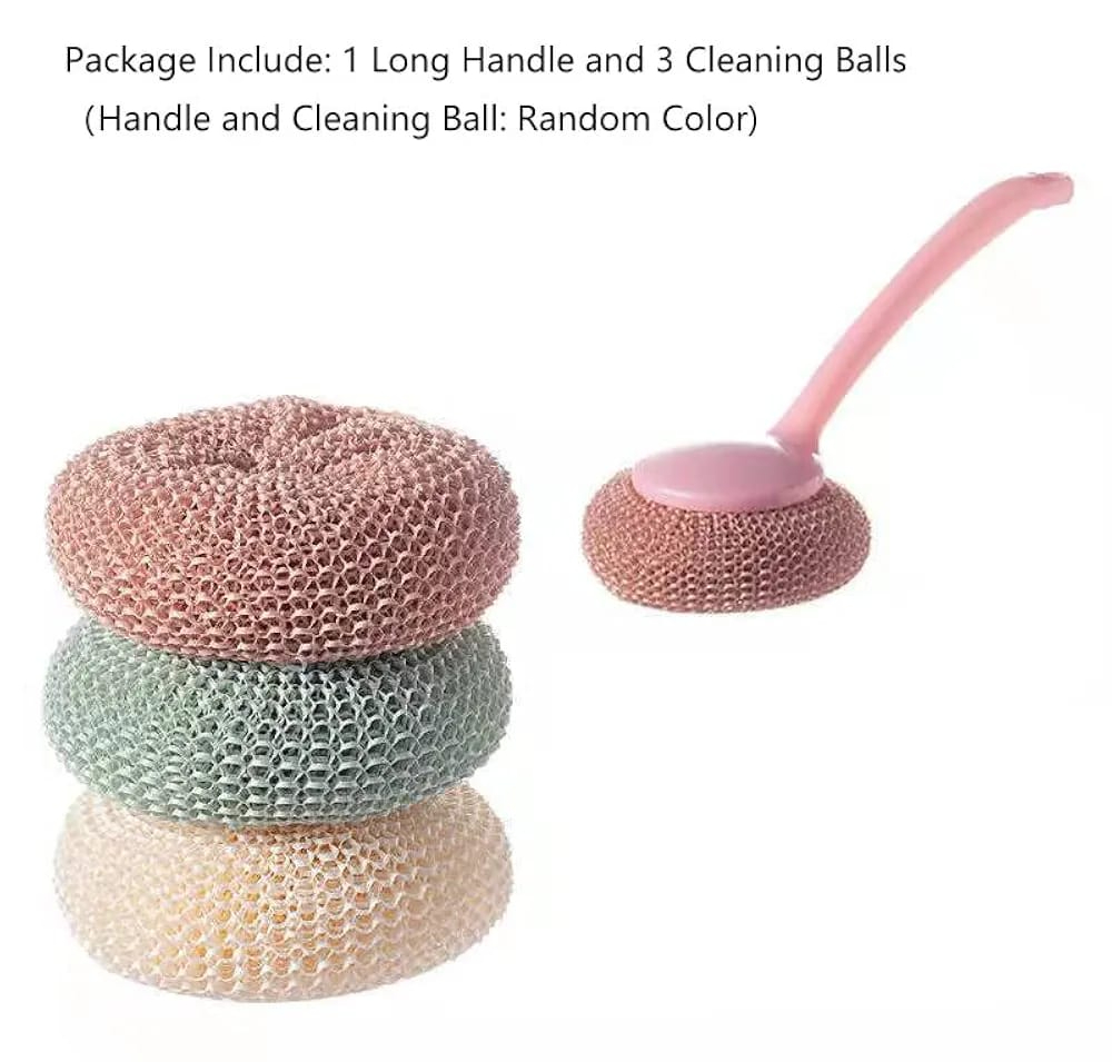 Multipurpose Fiber Cleaning Balls with Long Handle Reusable Scrubbers for Kitchen & Household Cleaning (1 Handle & 3 Balls)(Random color) - Image 4