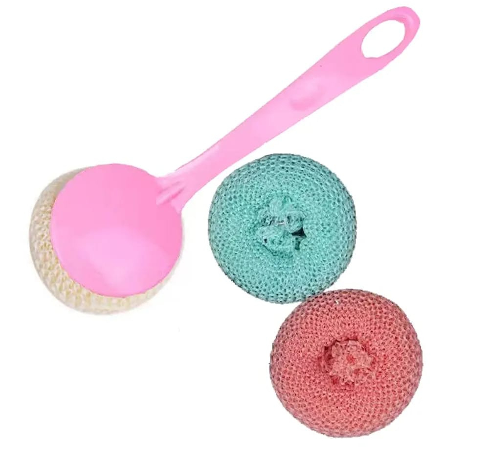 Multipurpose Fiber Cleaning Balls with Long Handle Reusable Scrubbers for Kitchen & Household Cleaning (1 Handle & 3 Balls)(Random color) - Image 3