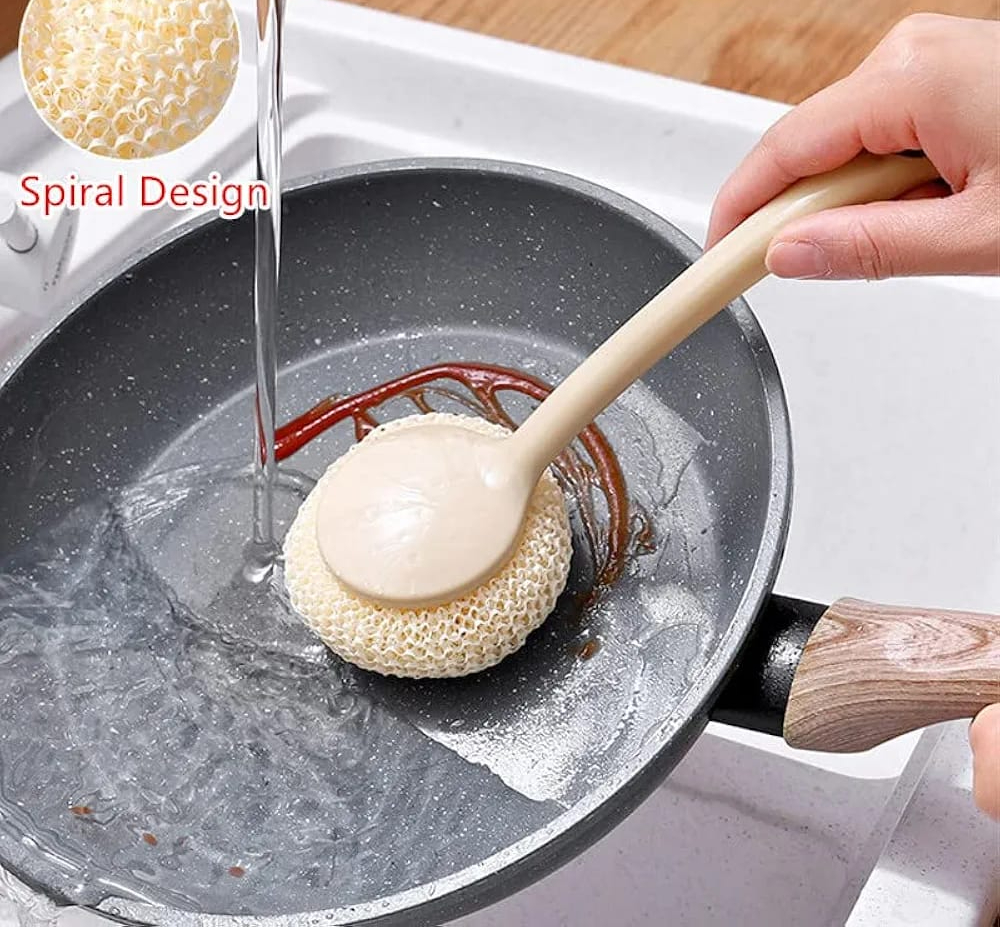 Multipurpose Fiber Cleaning Balls with Long Handle Reusable Scrubbers for Kitchen & Household Cleaning (1 Handle & 3 Balls)(Random color) - Image 2