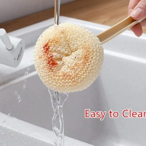 Multipurpose Fiber Cleaning Balls with Long Handle Reusable Scrubbers for Kitchen & Household Cleaning (1 Handle & 3 Balls)(Random color)