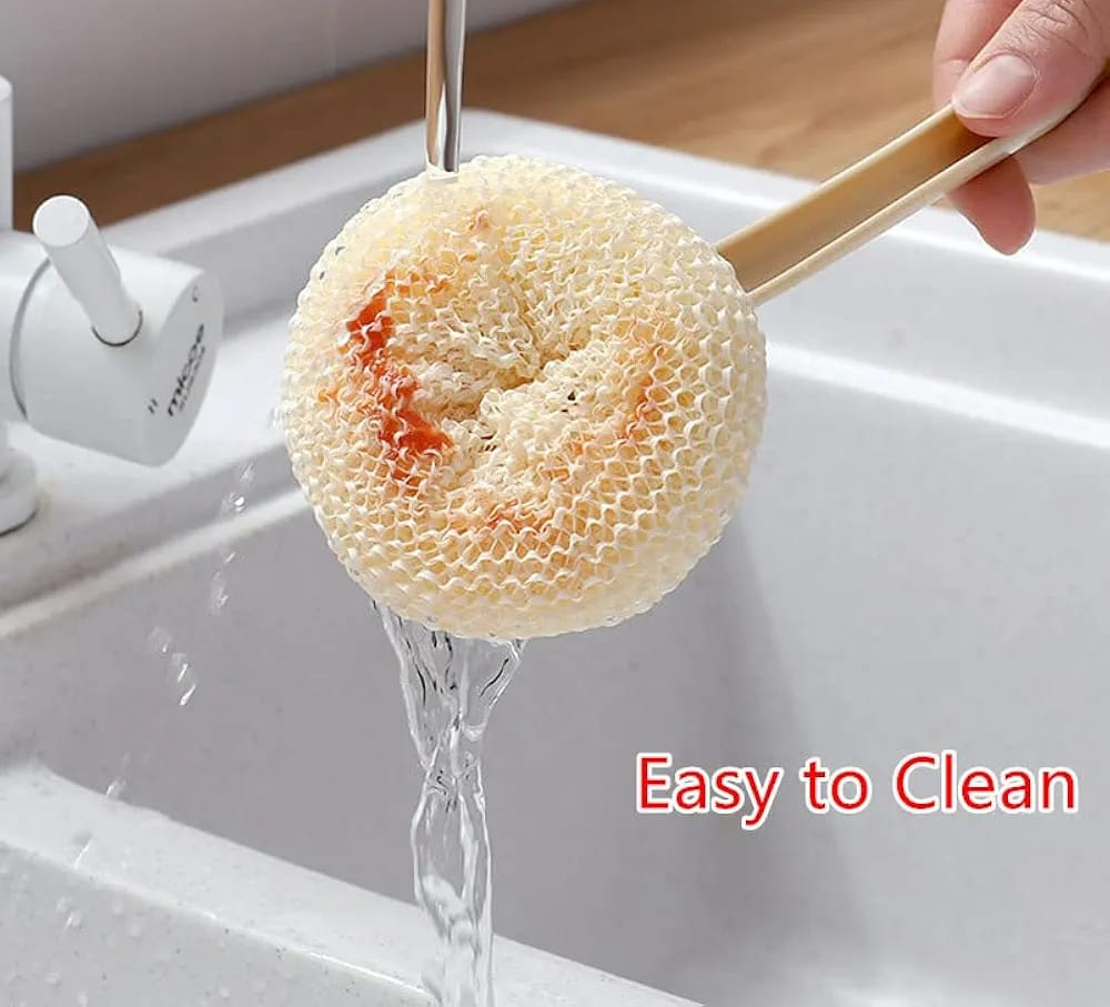 Multipurpose Fiber Cleaning Balls with Long Handle Reusable Scrubbers for Kitchen & Household Cleaning (1 Handle & 3 Balls)(Random color)