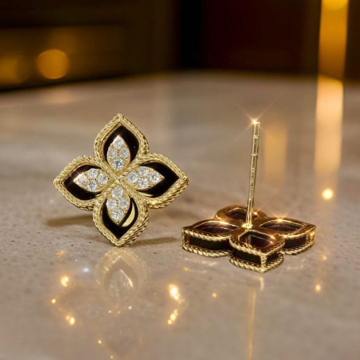 Black and Gold Floral Earrings Sparkling Four-Leaf Studs with Cubic Zirconia (PJT-991) - Image 2