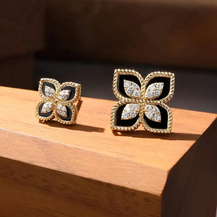 Black and Gold Floral Earrings Sparkling Four-Leaf Studs with Cubic Zirconia (PJT-991) - Image 3