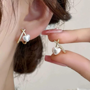 Stylish Minimalist Pearl Heart Earrings Gold Hoop with Crystal Detailing - Cross Heart Peal Korean Earrings (PJT-993)