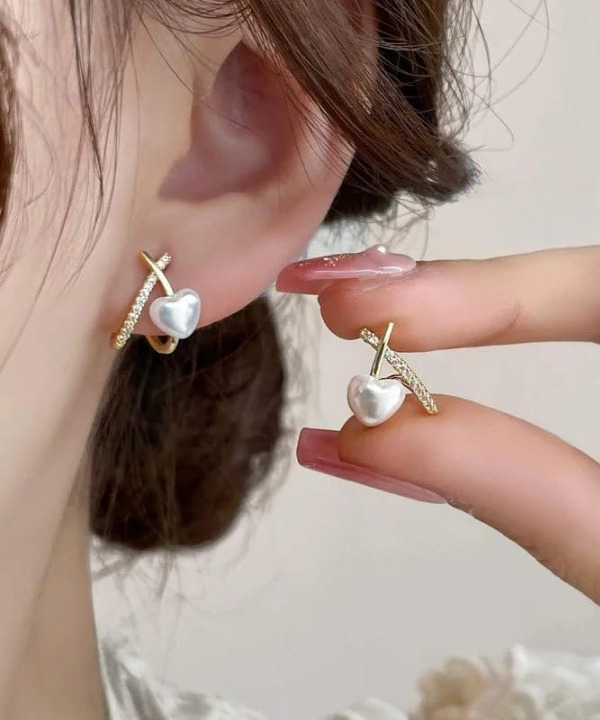 Stylish Minimalist Pearl Heart Earrings Gold Hoop with Crystal Detailing - Cross Heart Peal Korean Earrings (PJT-993)