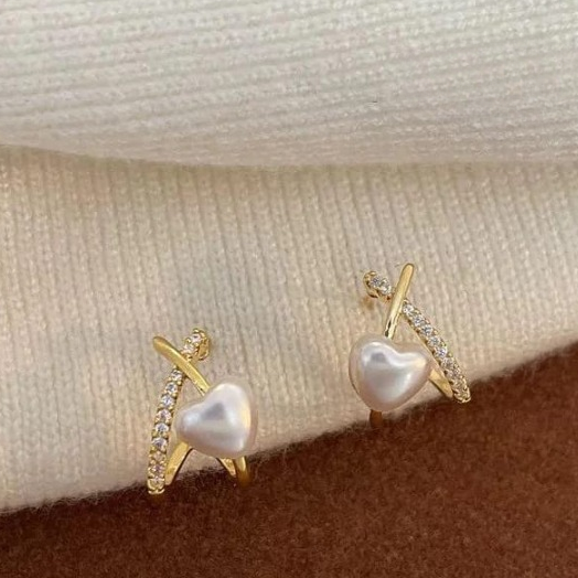Stylish Minimalist Pearl Heart Earrings Gold Hoop with Crystal Detailing - Cross Heart Peal Korean Earrings (PJT-993) - Image 2