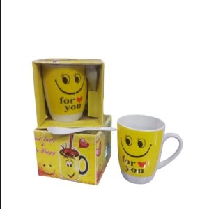 Smart and Cute Emoji Ceramic Smiley Cup with Spoon  Stylish Tea and Coffee Mug, Perfect Gift for Birthday, Celebration, and Decoration (Random Designs)
