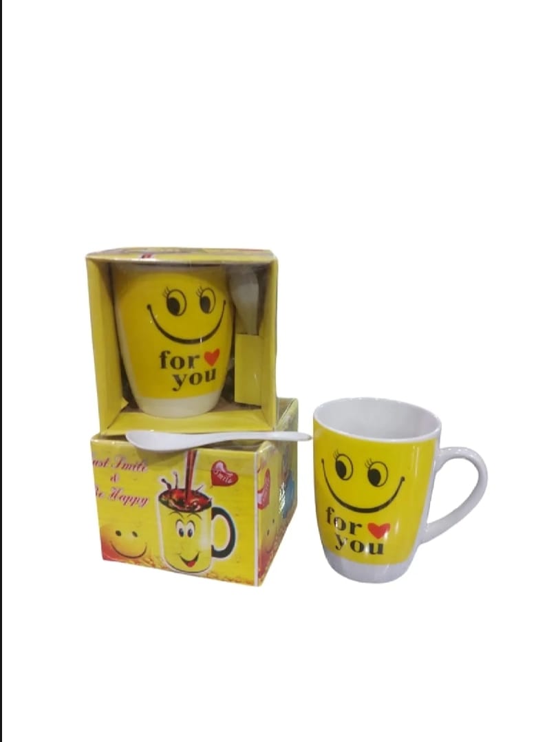 Smart and Cute Emoji Ceramic Smiley Cup with Spoon Stylish Tea and Coffee Mug, Perfect Gift for Birthday, Celebration, and Decoration (Random Designs)
