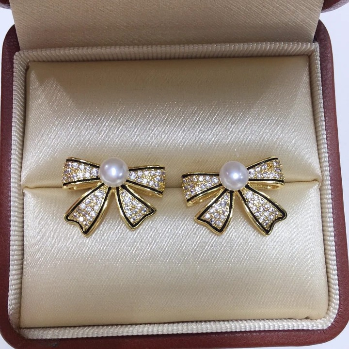 PJT-995 Bow Shape Zircon Pearl Earrings for Women Korean Style Jewelry with Sparkling Zircon & Classic Pearl Center | Available in Golden & Silver - Image 4