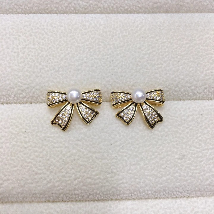 PJT-995 Bow Shape Zircon Pearl Earrings for Women Korean Style Jewelry with Sparkling Zircon & Classic Pearl Center | Available in Golden & Silver - Image 5