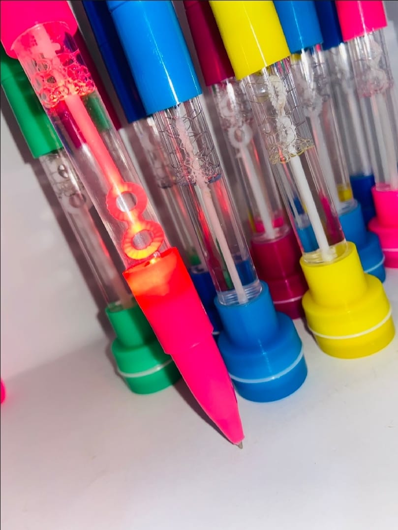 4-in-1 Pen with Stamp, Bubbles, Light, and Writing Function Fun Creative Multi-Use Pen for Kids, Arts, Crafts, and School Supplies Premium Quality, Imported, Available in 6 Colors with Bubble Container and Red Light (Random Color)