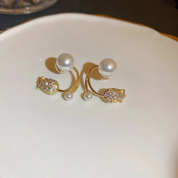 Beautiful Pearl Zircon Korean Flower Earrings for Women Elegant Floral Design with Sparkling Zircon and Pearl Detailing | AWT-999 - Image 2