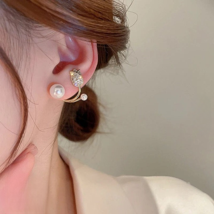 Beautiful Pearl Zircon Korean Flower Earrings for Women Elegant Floral Design with Sparkling Zircon and Pearl Detailing | AWT-999 - Image 3