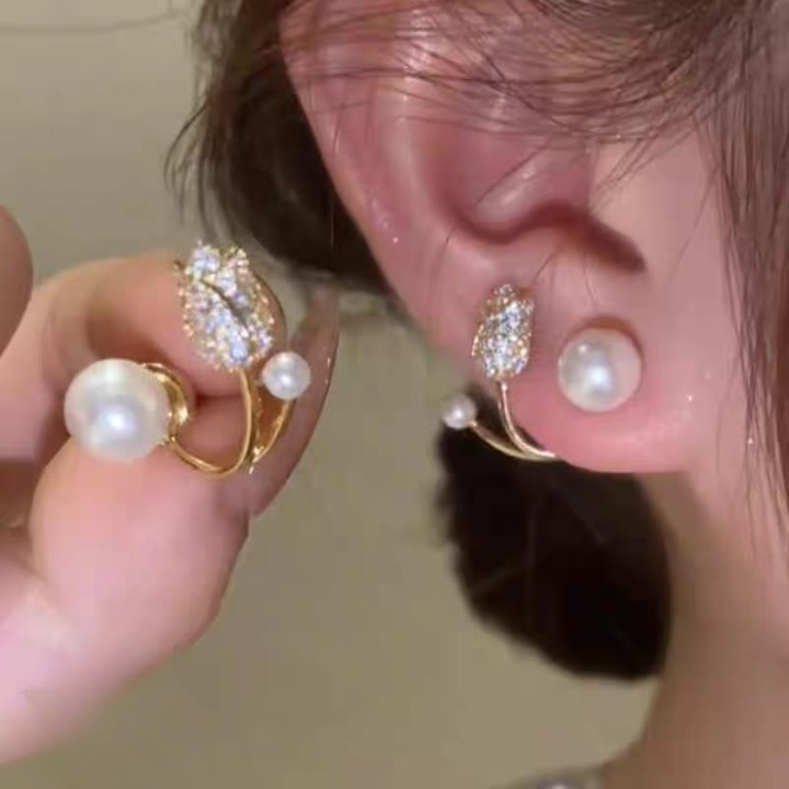 Beautiful Pearl Zircon Korean Flower Earrings for Women Elegant Floral Design with Sparkling Zircon and Pearl Detailing | AWT-999 - Image 4