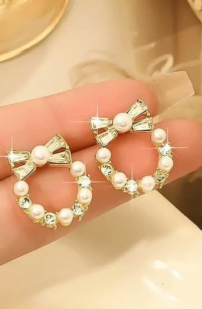 Pearl Bow Korean Zircon Earrings for Women Elegant Bowknot Design with Sparkling Zircon and Pearl Accents | AXT-100 - Image 2