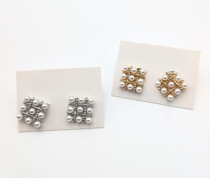 Pearl Square Korean Earrings Elegant Womens Fashion Jewelry in Silver and Golden Colors PJT-106 - Image 3