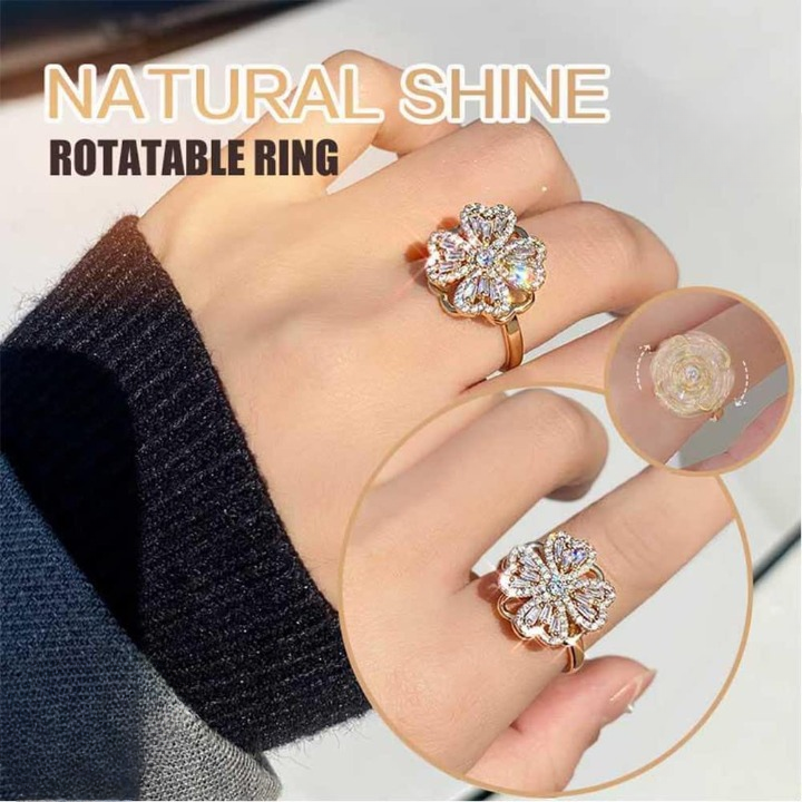 Clover Zircon Rotating Ring Elegant Adjustable Spinner Ring for Women & Girls, Silver & Golden Finish (QSJ-110) - Image 2
