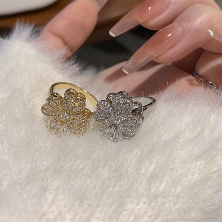 Clover Zircon Rotating Ring Elegant Adjustable Spinner Ring for Women & Girls, Silver & Golden Finish (QSJ-110) - Image 3